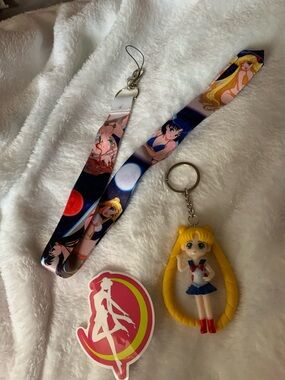 Sailor Moon Lanyard & Usagi Keychain Set - Yellow, Navy, Pink
